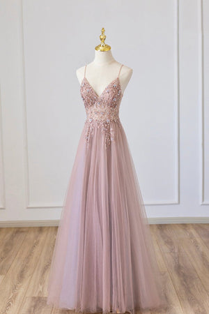 Pink Tulle Long A-Line Prom Dress, Pink Spaghetti Formal Dress with Beaded – Prom Dress by KissProm | Available at KissProm