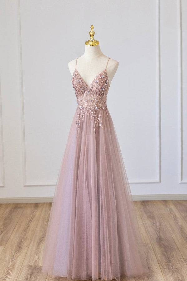 Pink Tulle Long A-Line Prom Dress, Pink Spaghetti Formal Dress with Beaded – Prom Dress by KissProm | Available at KissProm