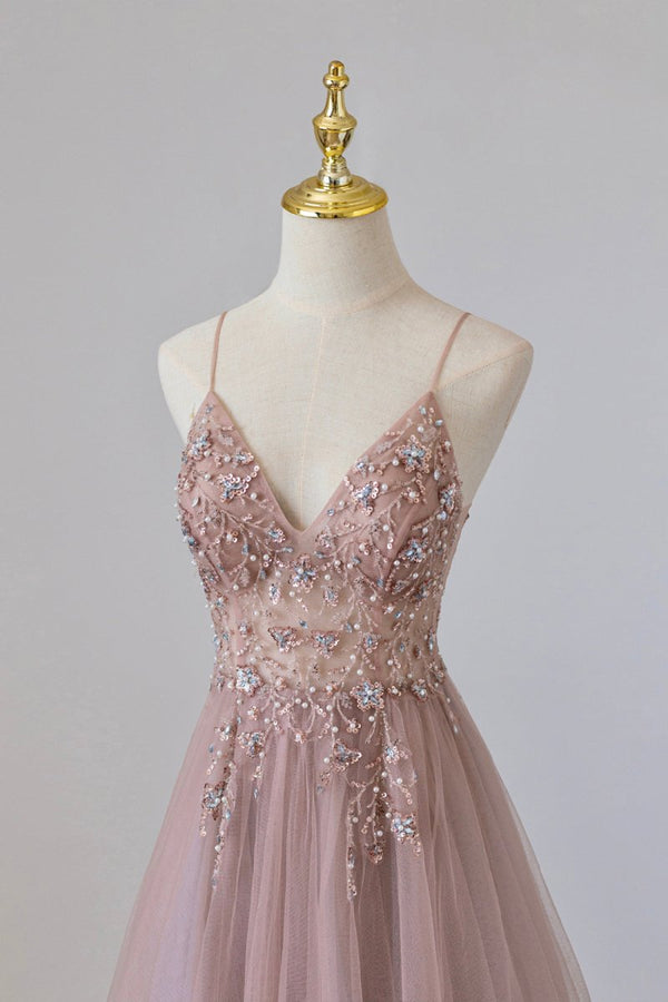 Pink Tulle Long A-Line Prom Dress, Pink Spaghetti Formal Dress with Beaded – Prom Dress by KissProm | Available at KissProm