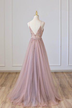 Pink Tulle Long A-Line Prom Dress, Pink Spaghetti Formal Dress with Beaded – Prom Dress by KissProm | Available at KissProm