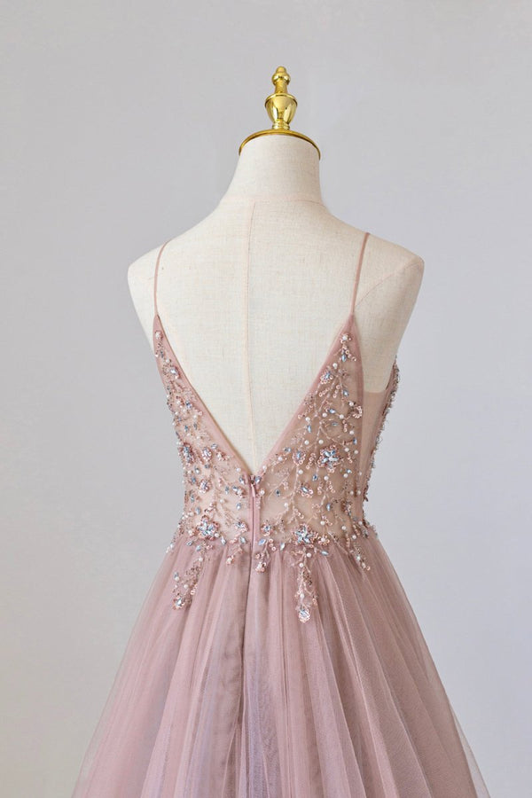 Pink Tulle Long A-Line Prom Dress, Pink Spaghetti Formal Dress with Beaded – Prom Dress by KissProm | Available at KissProm