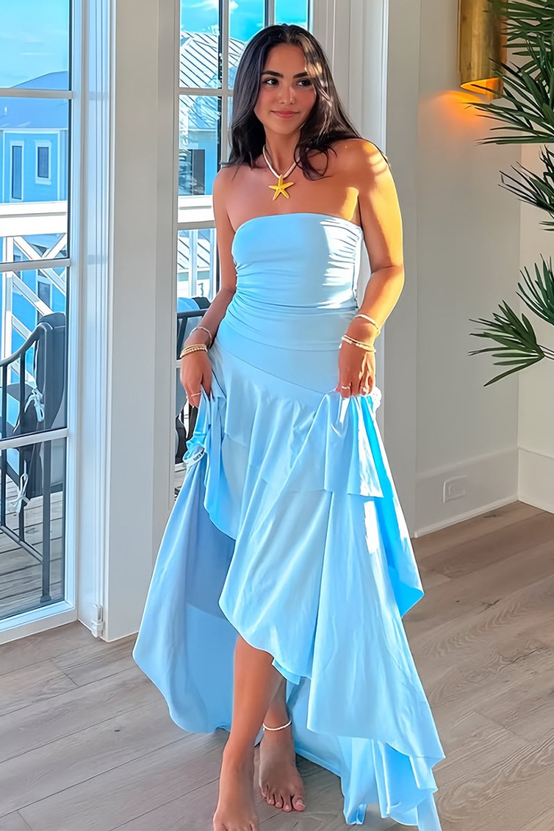 Blue Sheath Strapless Spandex High Low Long Prom Dresses with Ruffles – Prom Dresses by KissProm | Available at KissProm