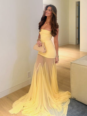 Yellow Strapless Chiffon Mermaid Long Prom Dresses - KISSPROM PROM DRESSES