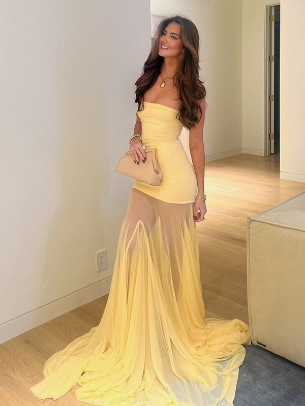 Yellow Strapless Chiffon Mermaid Long Prom Dresses - KISSPROM PROM DRESSES