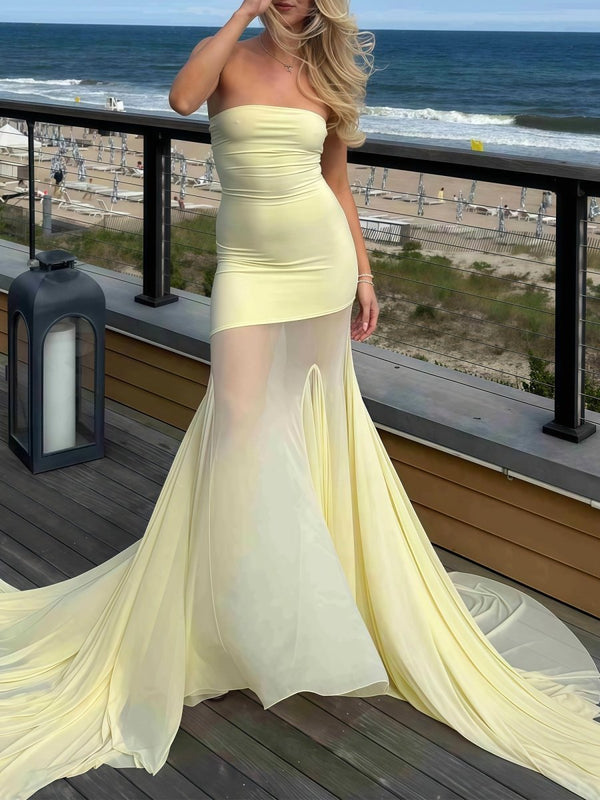 Yellow Strapless Chiffon Mermaid Long Prom Dresses - KISSPROM PROM DRESSES