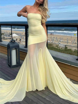 Yellow Strapless Chiffon Mermaid Long Prom Dresses - KISSPROM PROM DRESSES