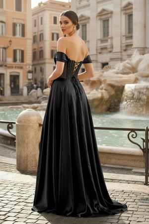 Sage Off The Shoulder A Line Satin Beaded Prom Dresses With Slit - KissProm