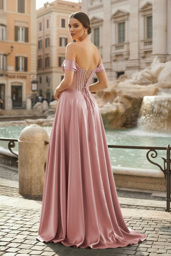 Sage Off The Shoulder A Line Satin Beaded Prom Dresses With Slit - KissProm