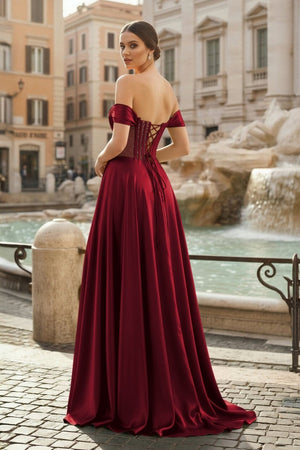 Sage Off The Shoulder A Line Satin Beaded Prom Dresses With Slit - KissProm