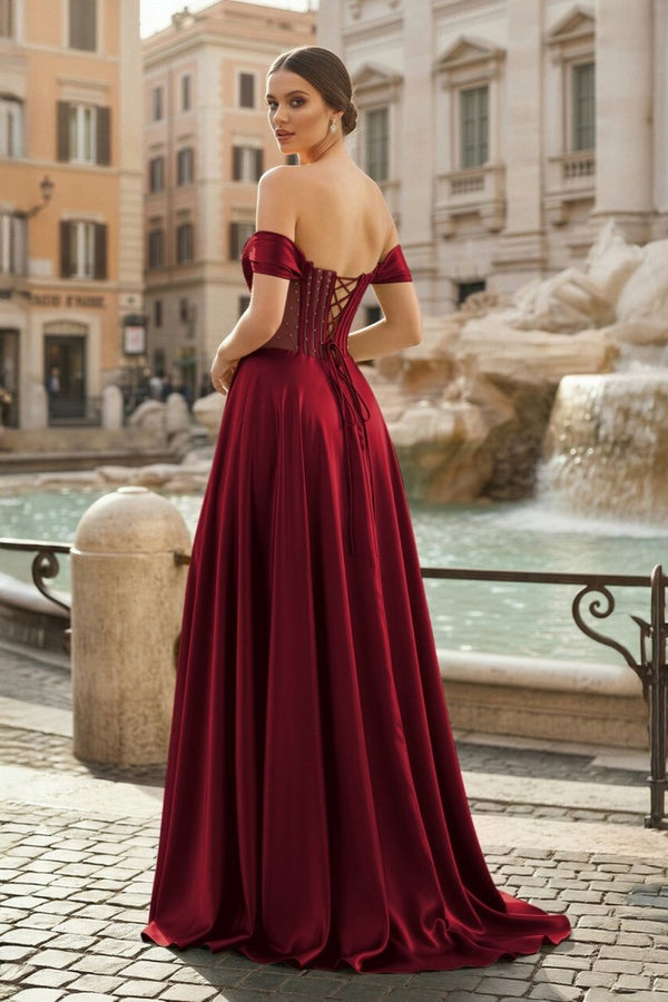 Sage Off The Shoulder A Line Satin Beaded Prom Dresses With Slit - KissProm
