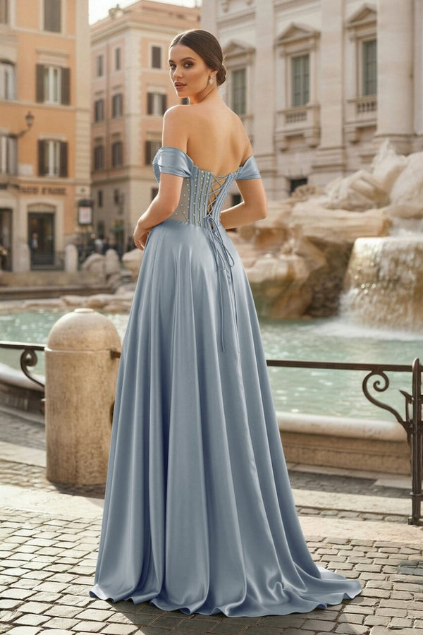 Sage Off The Shoulder A Line Satin Beaded Prom Dresses With Slit - KissProm