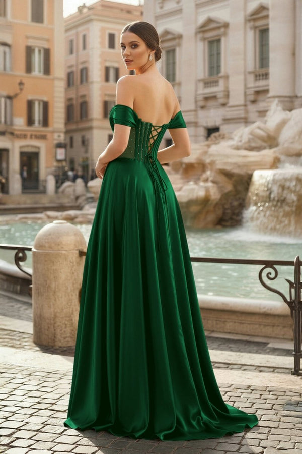 Sage Off The Shoulder A Line Satin Beaded Prom Dresses With Slit - KissProm