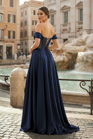 Sage Off The Shoulder A Line Satin Beaded Prom Dresses With Slit - KissProm