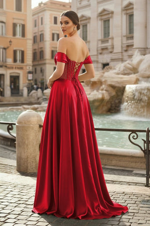 Sage Off The Shoulder A Line Satin Beaded Prom Dresses With Slit - KissProm