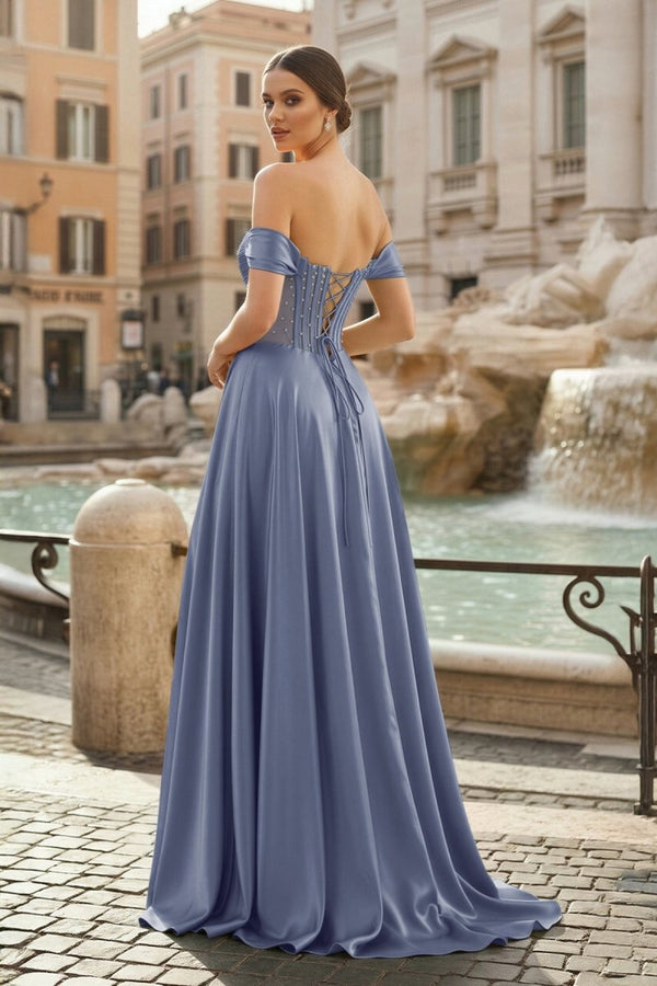 Sage Off The Shoulder A Line Satin Beaded Prom Dresses With Slit - KissProm