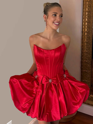 Red - Strapless A Line Satin Short Homecoming Dresses With Bow – Homecoming Dress by KissProm | Available at KissProm