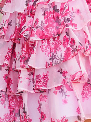 Veloria | Pink - A-line Strapless Floral Printed Chiffon Ruffles Short Homecoming Dresses