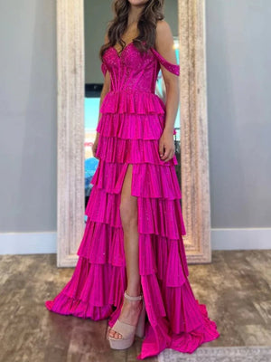 Verve | A Line V Neck Satin Tiered Long Prom Dresses With Beads - KissProm