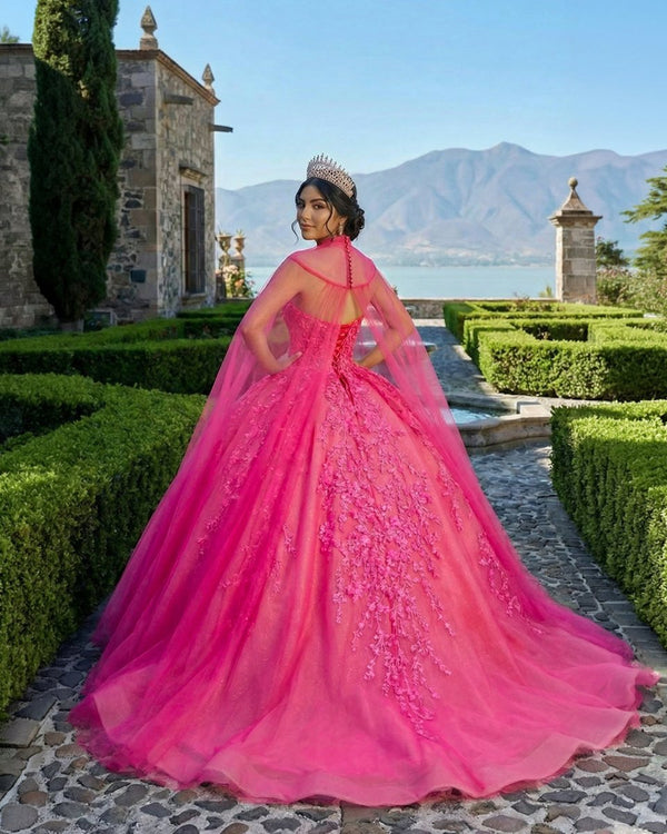 Ball Gown Sweetheart Pink Lace Appliques Tulle Long Quinceanera Dresses - KissProm