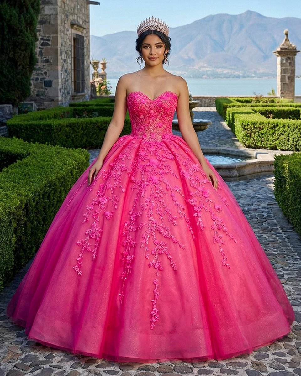 Ball Gown Sweetheart Pink Lace Appliques Tulle Long Quinceanera Dresses - KissProm