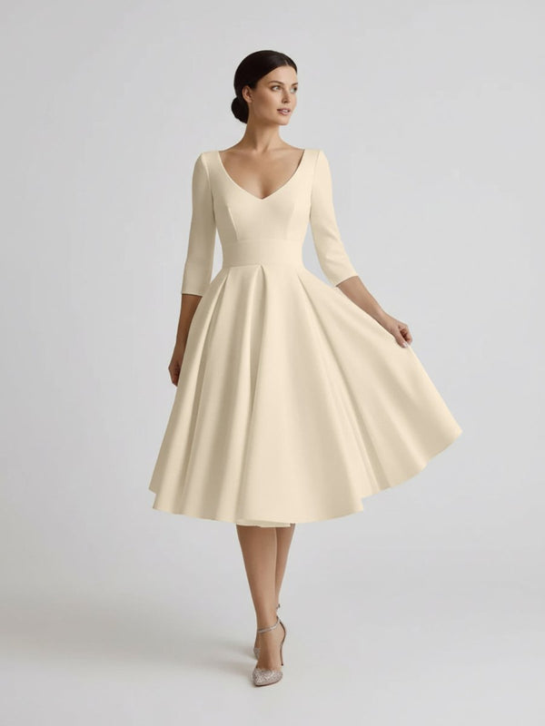 Blanca | Vintage Sleeved A - Line V - neck Satin Tea Length Wedding Dress - KissProm