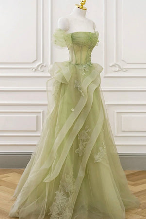 Green Tulle Lace Long Prom Dress with Corset, Green Formal Party Dress – Prom Dress by KissProm | Available at KissProm