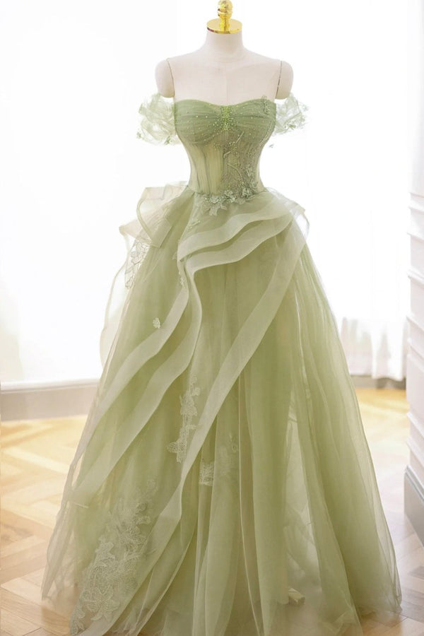 Green Tulle Lace Long Prom Dress with Corset, Green Formal Party Dress – Prom Dress by KissProm | Available at KissProm