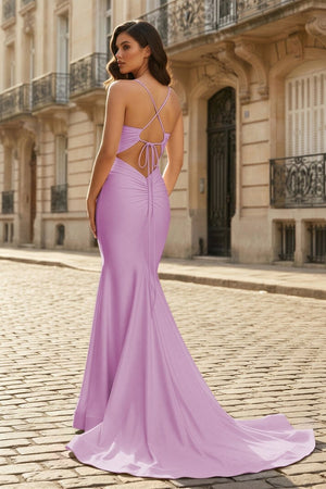 Pink Mermaid V Neck Satin Long Prom Dresses with Train - KissProm