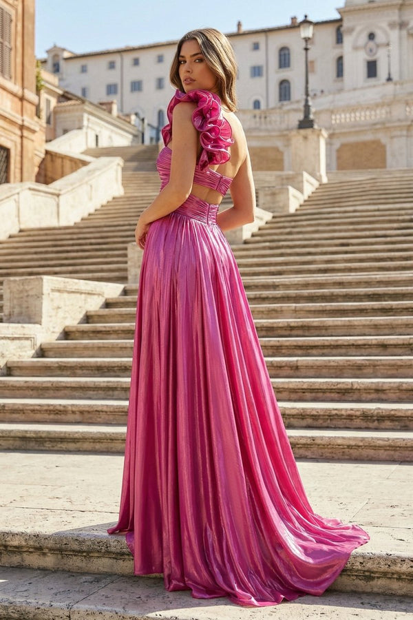 A-Line Fuchsia One Shoulder Keyhole Pleated Metallic Prom Dress with Slit – Prom Dresses by KissProm | Available at KissProm