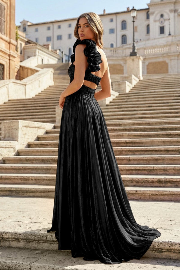 A-Line Fuchsia One Shoulder Keyhole Pleated Metallic Prom Dress with Slit – Prom Dresses by KissProm | Available at KissProm