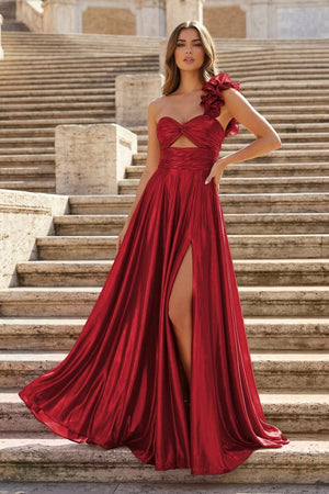 A-Line Fuchsia One Shoulder Keyhole Pleated Metallic Prom Dress with Slit – Prom Dresses by KissProm | Available at KissProm