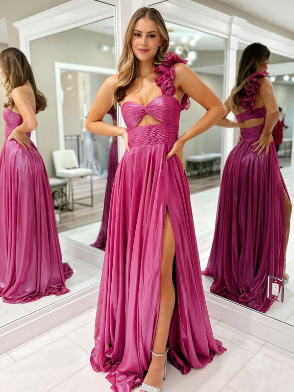 A-Line Fuchsia One Shoulder Keyhole Pleated Metallic Prom Dress with Slit – Prom Dresses by KissProm | Available at KissProm