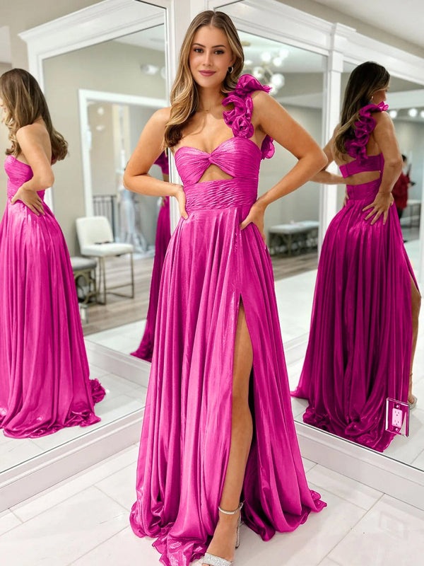 A-Line Fuchsia One Shoulder Keyhole Pleated Metallic Prom Dress with Slit – Prom Dresses by KissProm | Available at KissProm