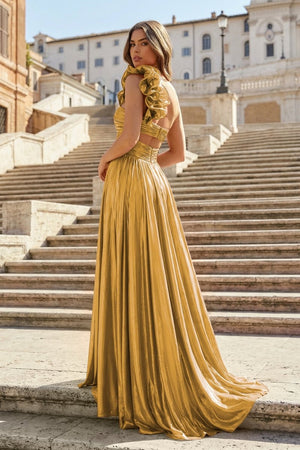 A-Line Fuchsia One Shoulder Keyhole Pleated Metallic Prom Dress with Slit – Prom Dresses by KissProm | Available at KissProm