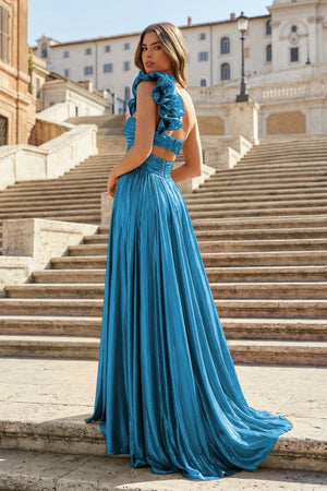 A-Line Fuchsia One Shoulder Keyhole Pleated Metallic Prom Dress with Slit – Prom Dresses by KissProm | Available at KissProm