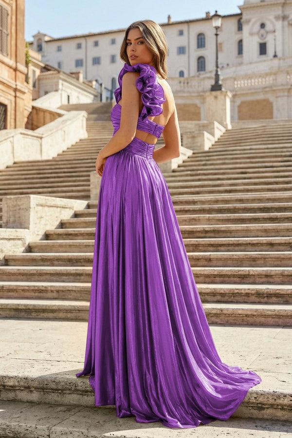 A-Line Fuchsia One Shoulder Keyhole Pleated Metallic Prom Dress with Slit – Prom Dresses by KissProm | Available at KissProm