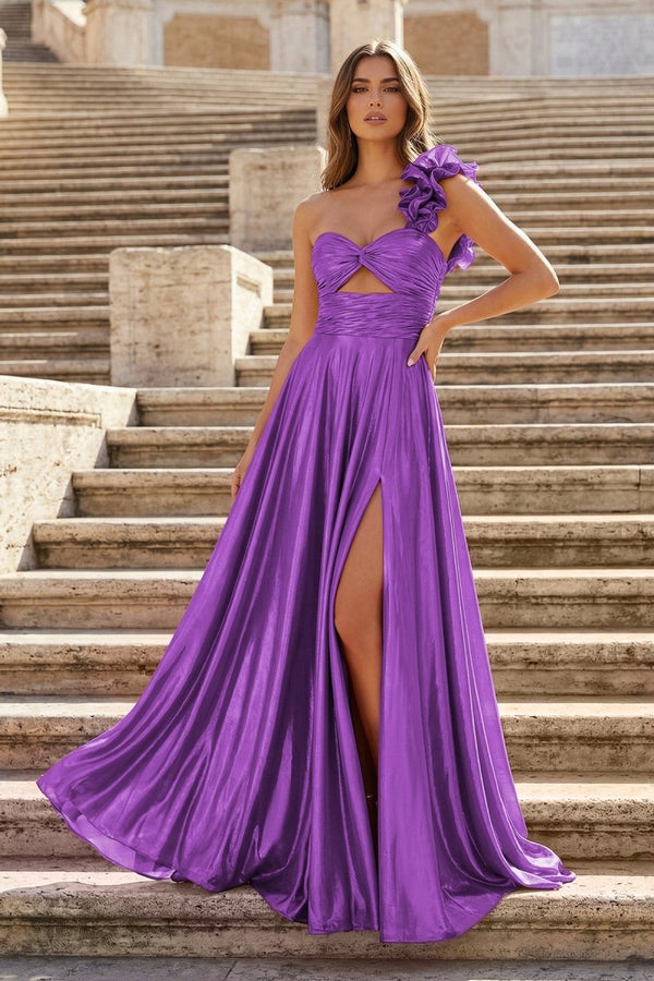 A-Line Fuchsia One Shoulder Keyhole Pleated Metallic Prom Dress with Slit – Prom Dresses by KissProm | Available at KissProm