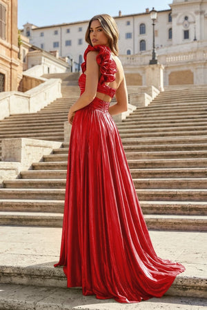 A-Line Fuchsia One Shoulder Keyhole Pleated Metallic Prom Dress with Slit – Prom Dresses by KissProm | Available at KissProm