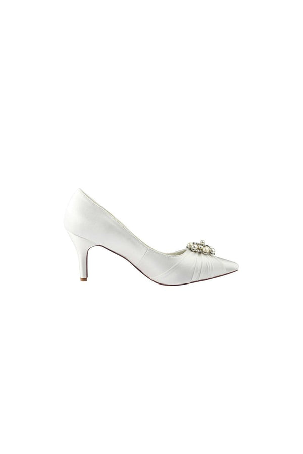 Wedding Shoes Close Toe Stiletto Heel Satin With Rhinestone Ruffles - KissProm