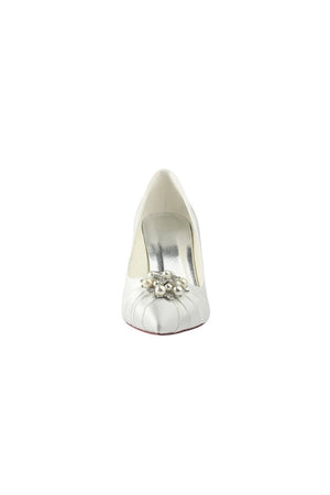 Wedding Shoes Close Toe Stiletto Heel Satin With Rhinestone Ruffles - KissProm