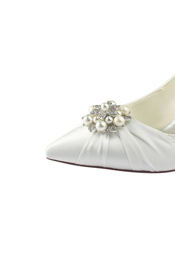 Wedding Shoes Close Toe Stiletto Heel Satin With Rhinestone Ruffles - KissProm