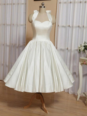 White A - Line Halter Sleeveless Tea Length Satin Bridal Gowns With Bow(s) Pleats - KissProm