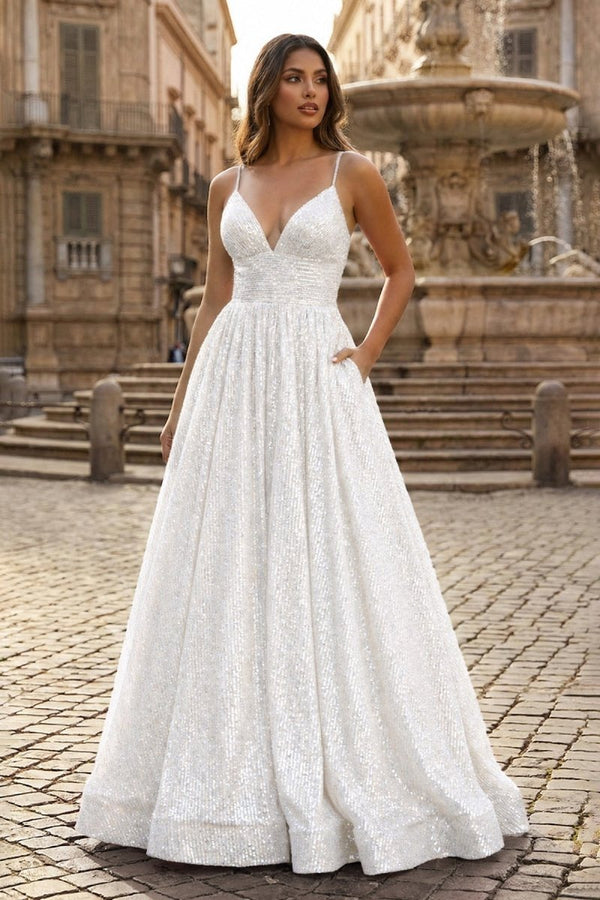 A - line V Neck Sequins Long Prom Dress - KissProm