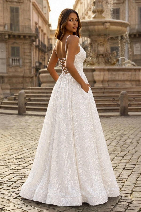 A - line V Neck Sequins Long Prom Dress - KissProm