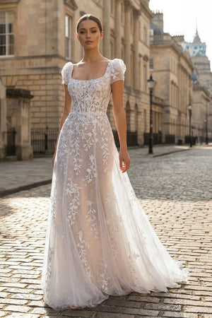 Champagne Appliques Square Neck Puff Sleeves Long Prom Dress - KissProm