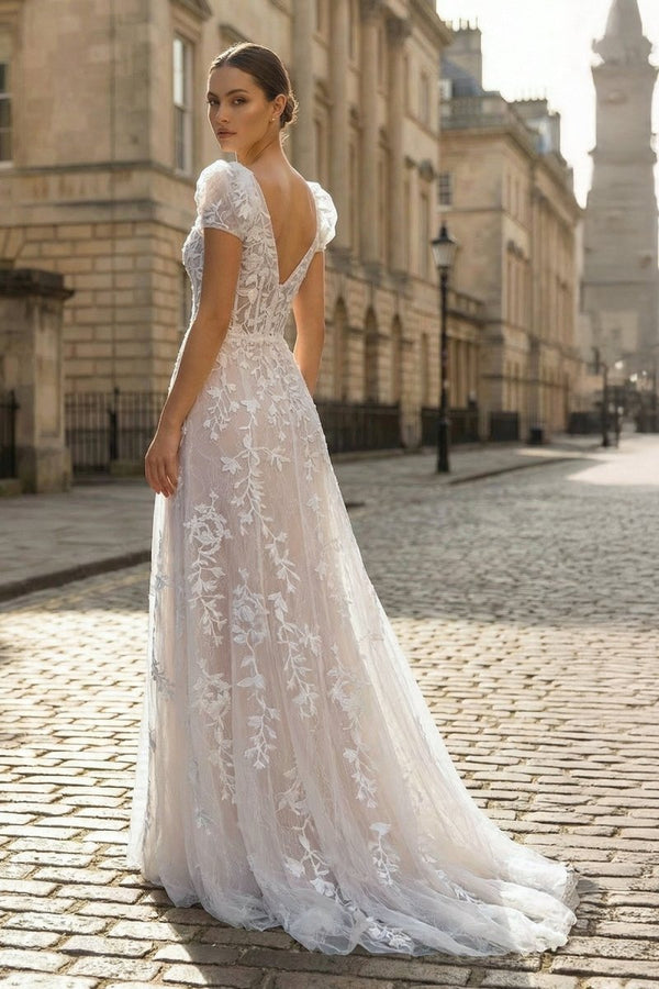 Champagne Appliques Square Neck Puff Sleeves Long Prom Dress - KissProm
