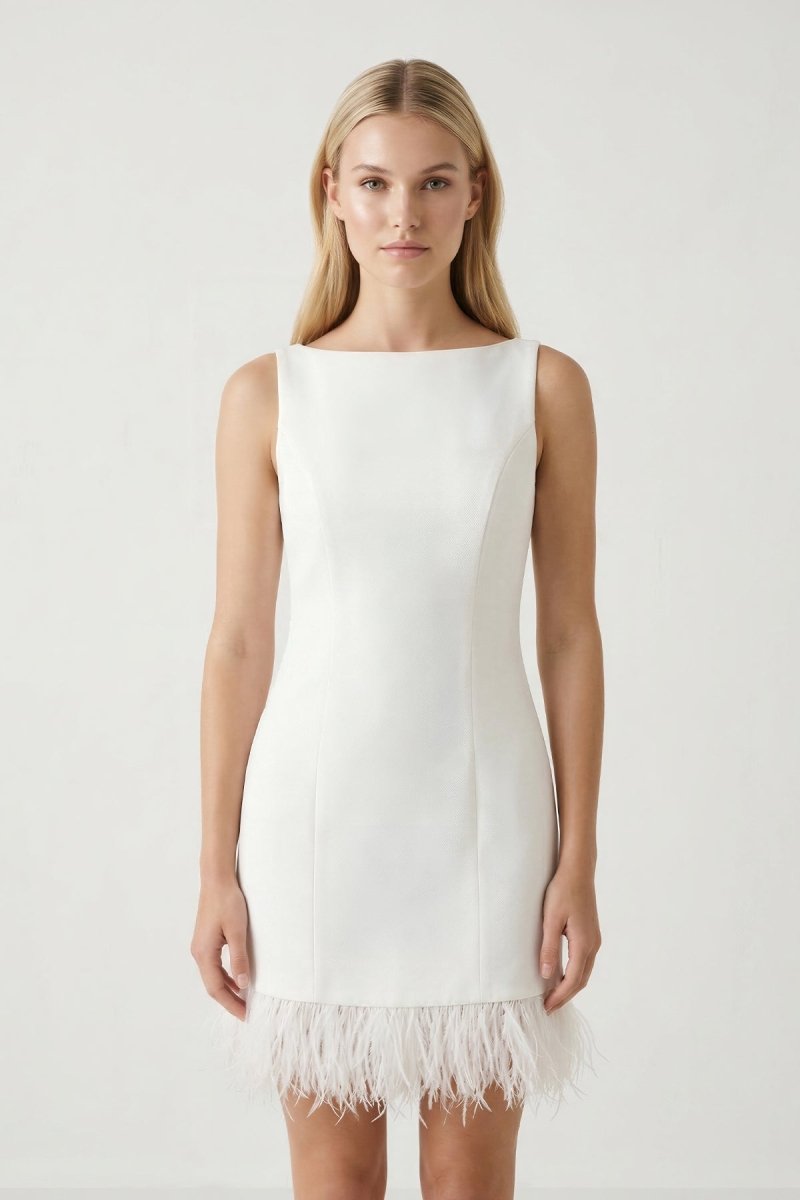 White Boat Neck Mini Graduation Dress With Feather - KissProm