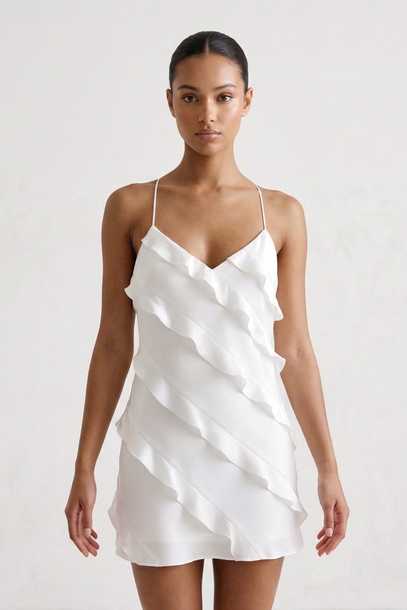 White Chiffon Ruffle Tiered Mini Graduation Dress - KissProm