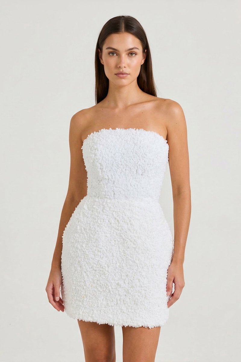 White Floral Strapless Sheath Graduation Dress - KissProm