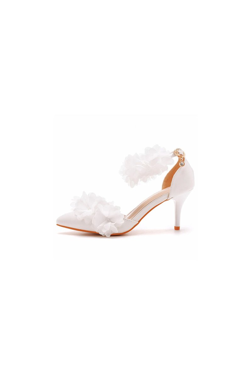 White Flowers Pointed Toe Ankle Strap High Heels - KissProm